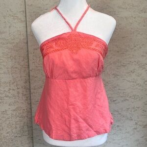 Vintage Beaded Metrostyle Coral Linen Open Back Top Sz 8 Halter Beach Boho